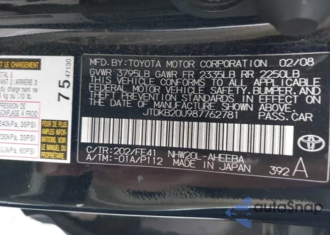 2008 Toyota Prius из США, поврежденный, VIN JTDKB20U987762781
